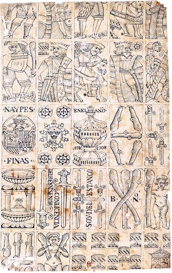 proof sheet of archaic Spanish-suited playing cards published for Spain or Peru, 1708. Source gallica.bnf.fr