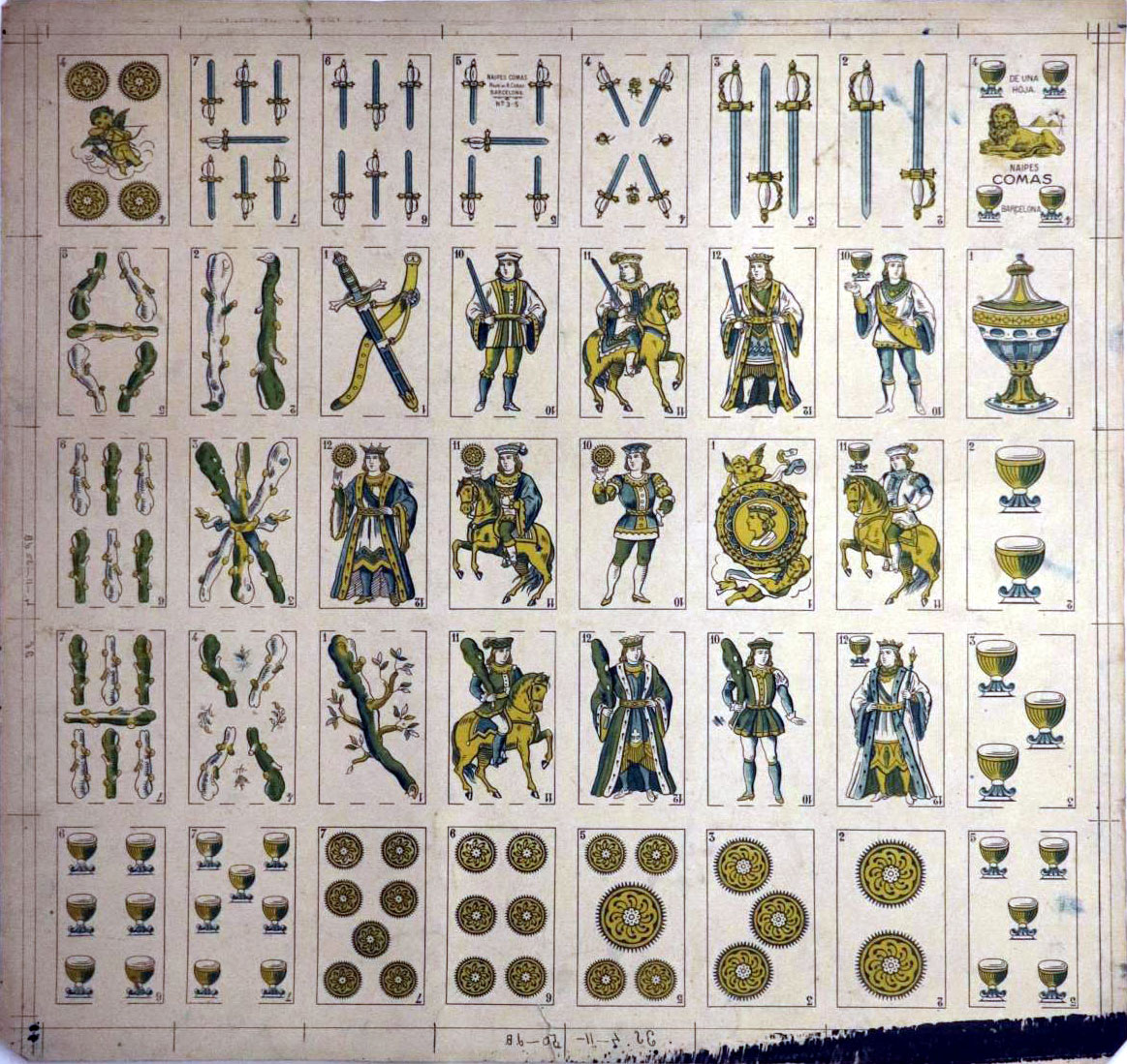 uncut sheet of miniature playing cards no.3-S by Naipes Comas, late XIX century. Museu Frederic Marès (Barcelona)