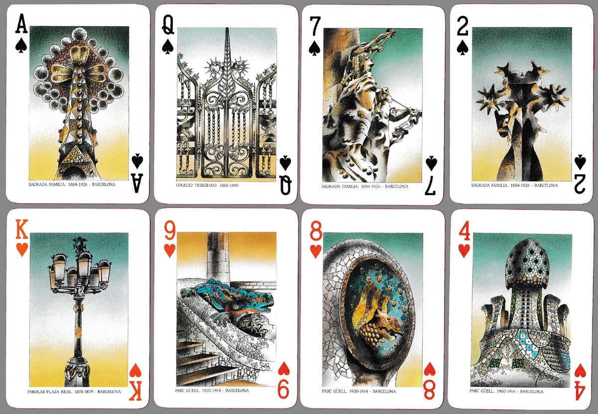 Gaudí poker playing cards illustrated by Josep Opisso, published by Naipes Comas, Spain, c. 1992