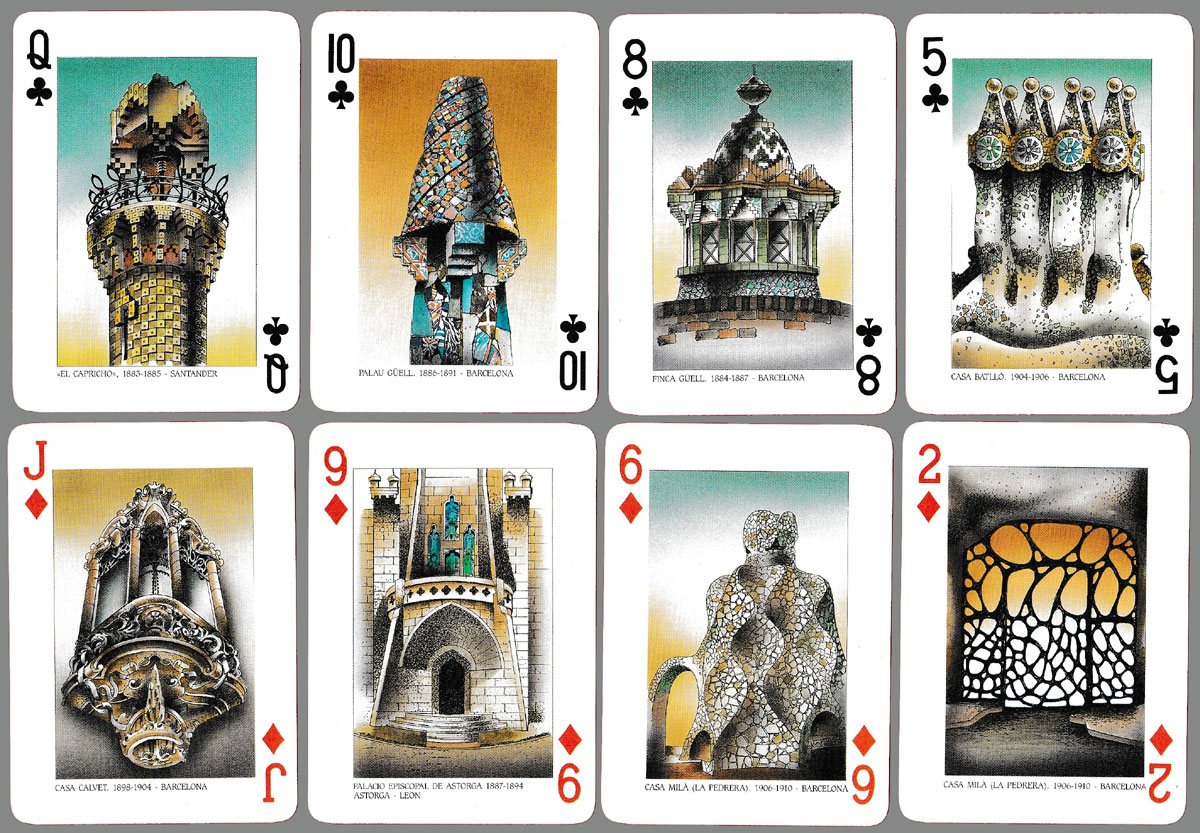 Gaudí poker playing cards illustrated by Josep Opisso, published by Naipes Comas, Spain, c. 1992