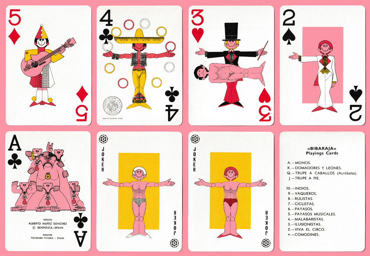 Bibaraja playing cards with designs by Alberto Muñiz Sánchez, made by Heraclio Fournier, S.A., Vitoria, Spain, 1977