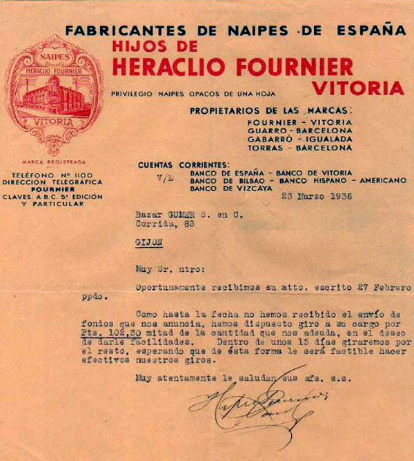 Hijos de Heraclio Fournier letterhead, 1936