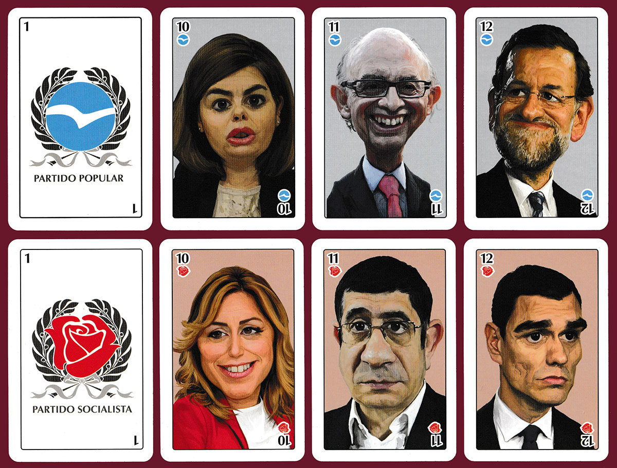 'Líneas rojas 2016' political playing cards made by Heraclio Fournier, S.A., Legutiano, Spain, 2016