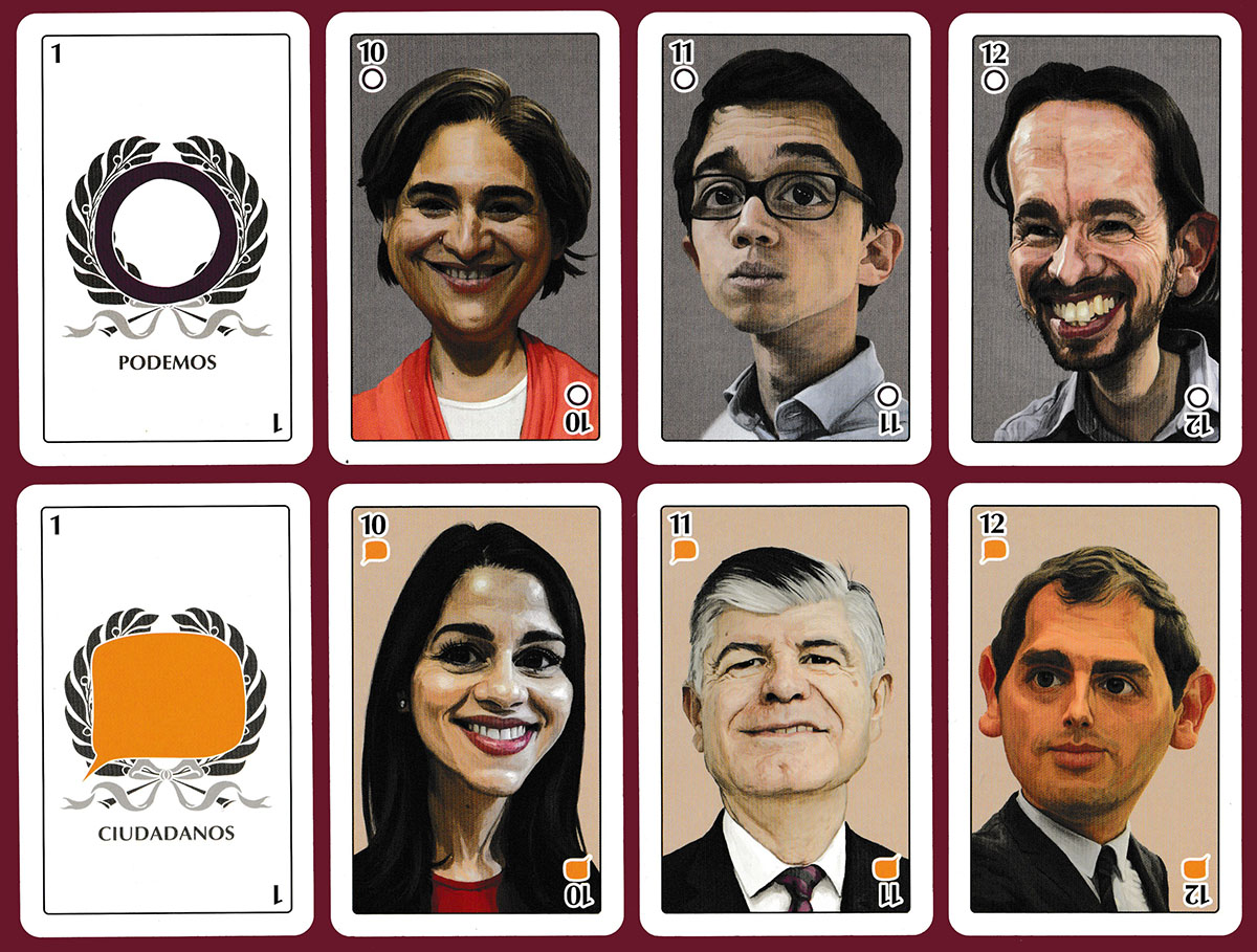 'Líneas rojas 2016' political playing cards made by Heraclio Fournier, S.A., Legutiano, Spain, 2016