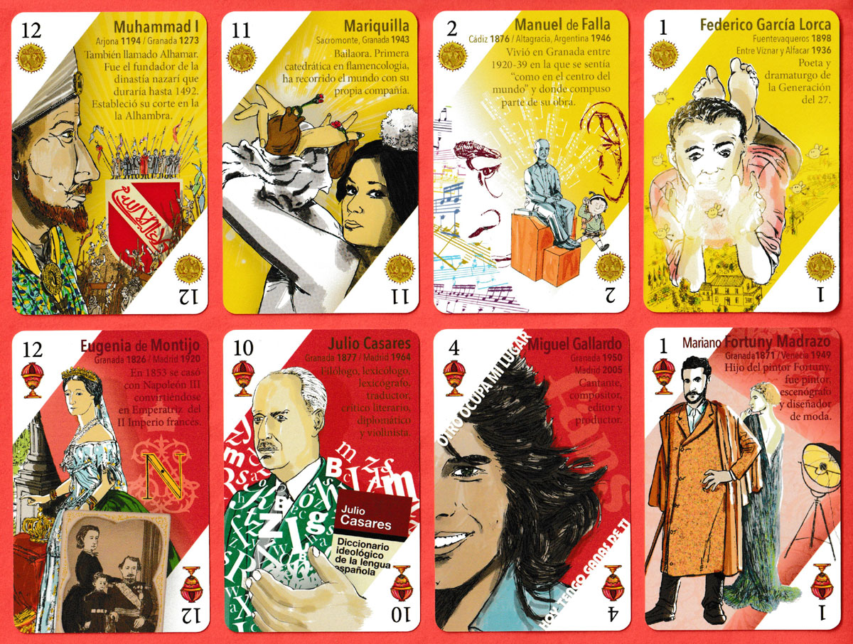 Naipes de Personajes Granadinos with designs by Rubén Garrido. Printed by Heraclio Fournier, S.A., Legutiano, Spain, 2023