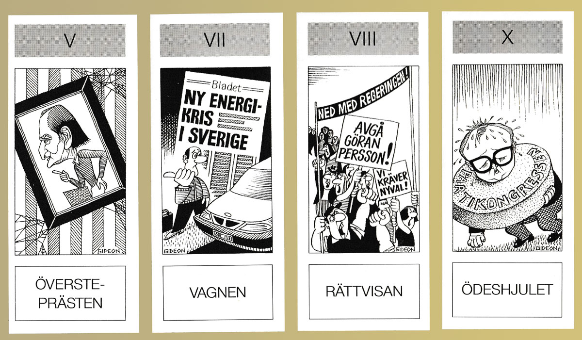 Political Tarot, idea and design by Dan Glimne, illustrations by Gideon Salutskij. Printed by Roland Offset, Linköping, Sweden, 1997