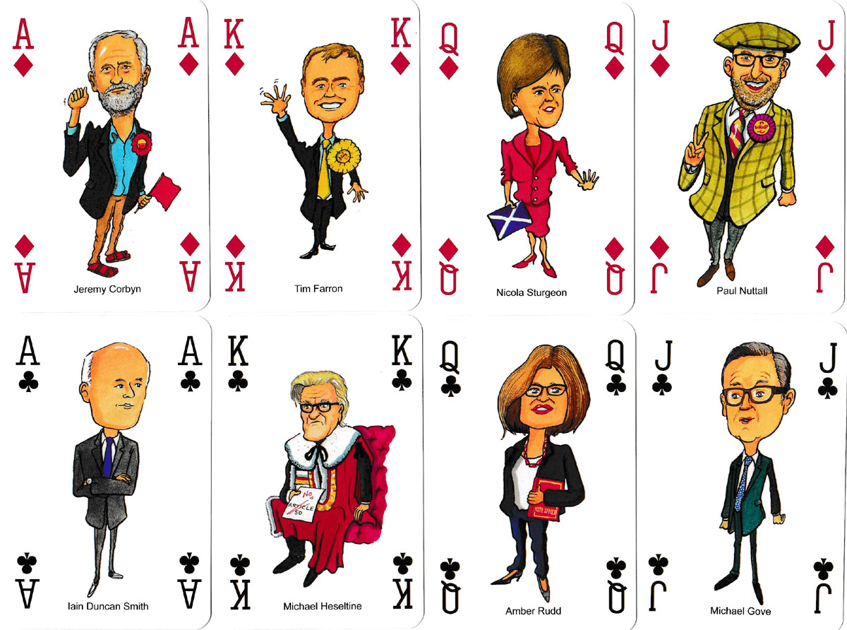 Political playing cards by cartoonist Oliver Preston, United Kingdom, 2017