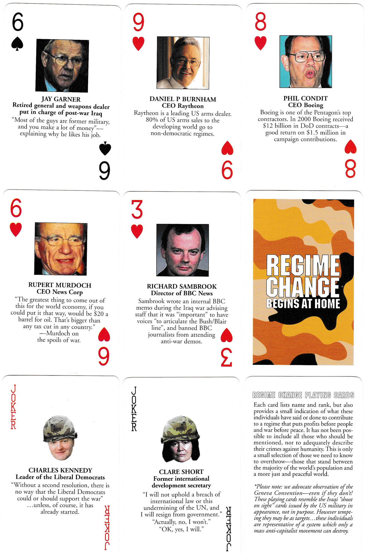 “Regime Change Begins at Home” playing cards published by Bookmarks Publications of London and designed by Noel Douglas