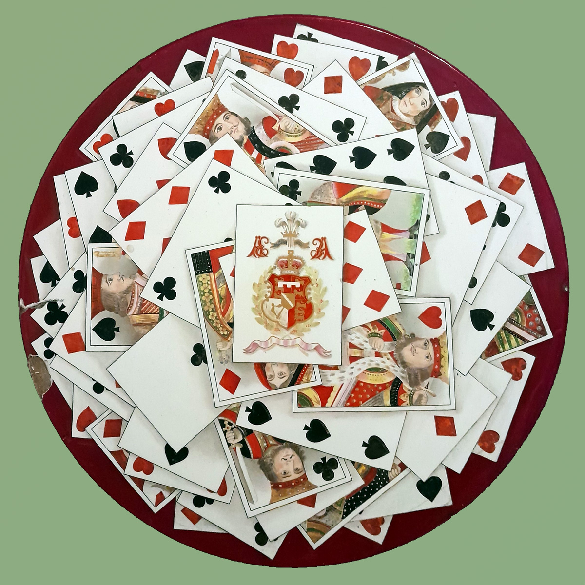 Victorian grocer’s scale plate decorated with playing cards, c.1863