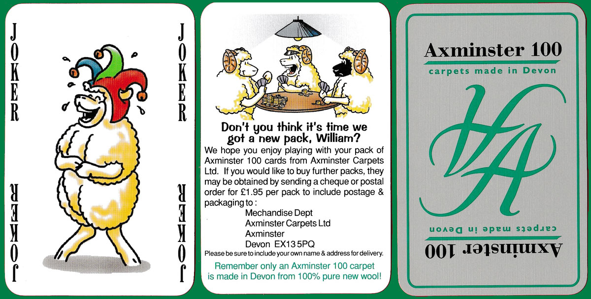 Axminster 100 playing cards produced for Axminster Carpets Ltd by Games & Print Services, Canvey Island, UK, 1998