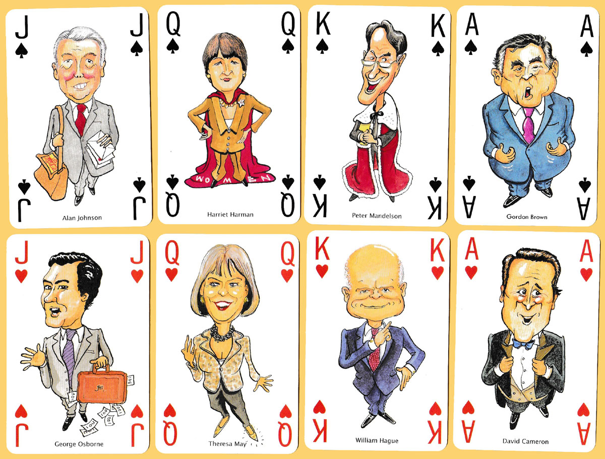 “Playing Politics ’10: With no expenses spared” playing cards with caricatures by Oliver Preston, published by InterCol London, 2010