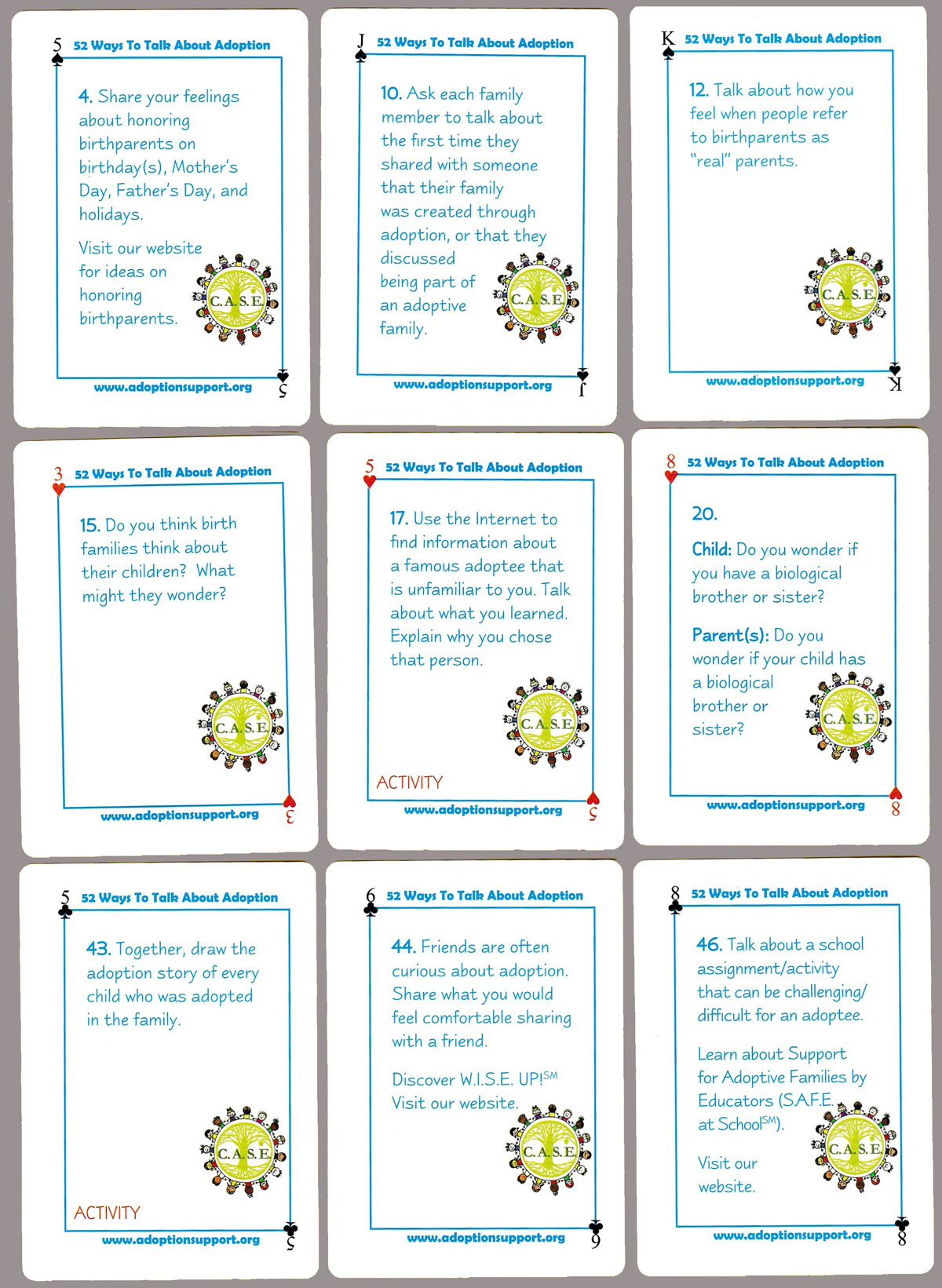 ‘52 Ways to talk about adoption’ family-centred playing cards produced by the Center for Adoption Support and Education, USA