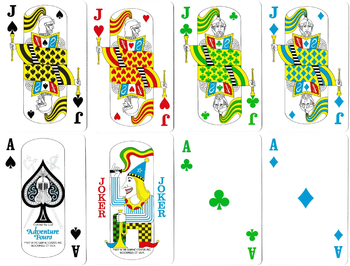 Adventure Fours playing cards produced by the Graphics Center Inc., Bloomfield, CT in 1977