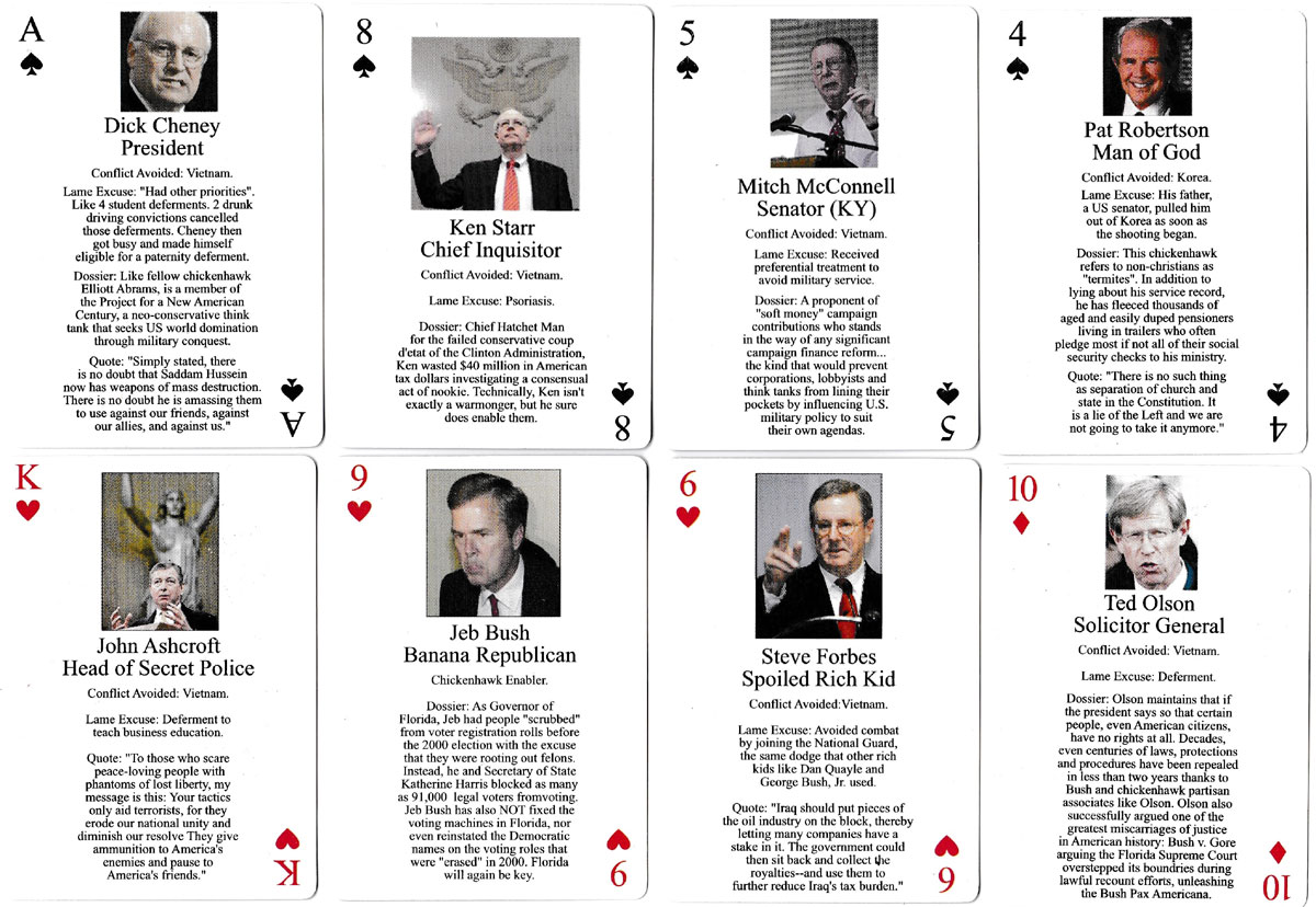 “Republican Chickenhawks of America” playing cards published by Jerry A. Vasilatos, Nitestar Productions, USA, 2003