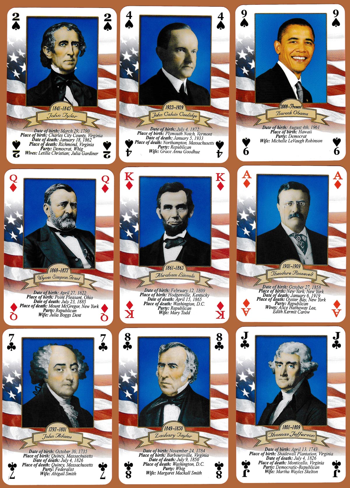 Presidents of the United States playing cards published by PostCardusa of Florida after 2009