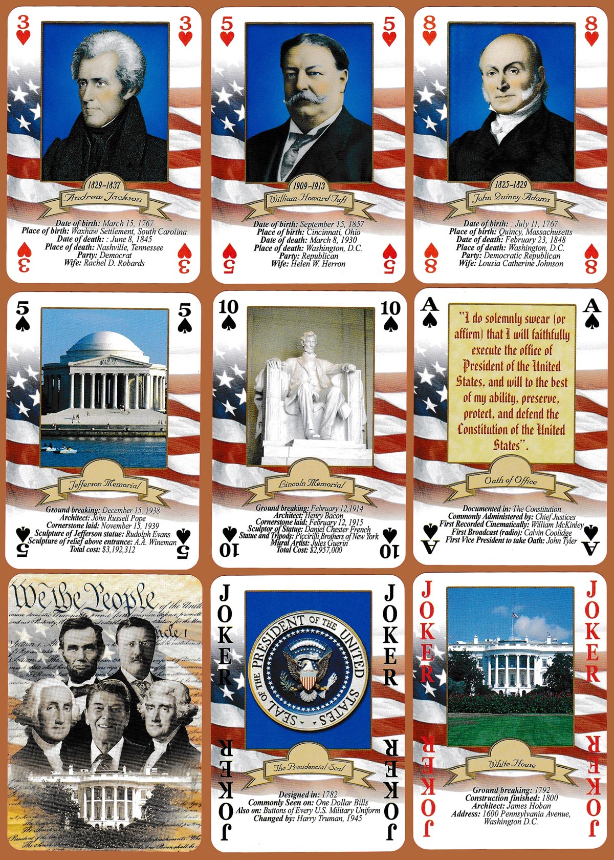 Presidents of the United States playing cards published by PostCardusa of Florida after 2009