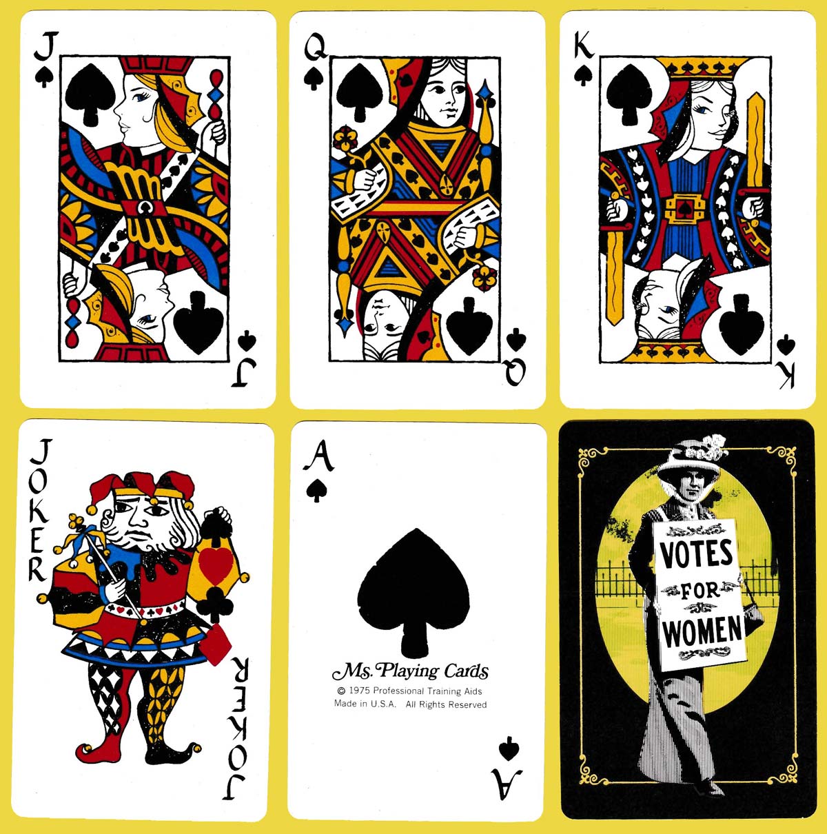 ‘Ms. playing cards’ published by Professional Training Aids promoting votes for women, USA, 1975