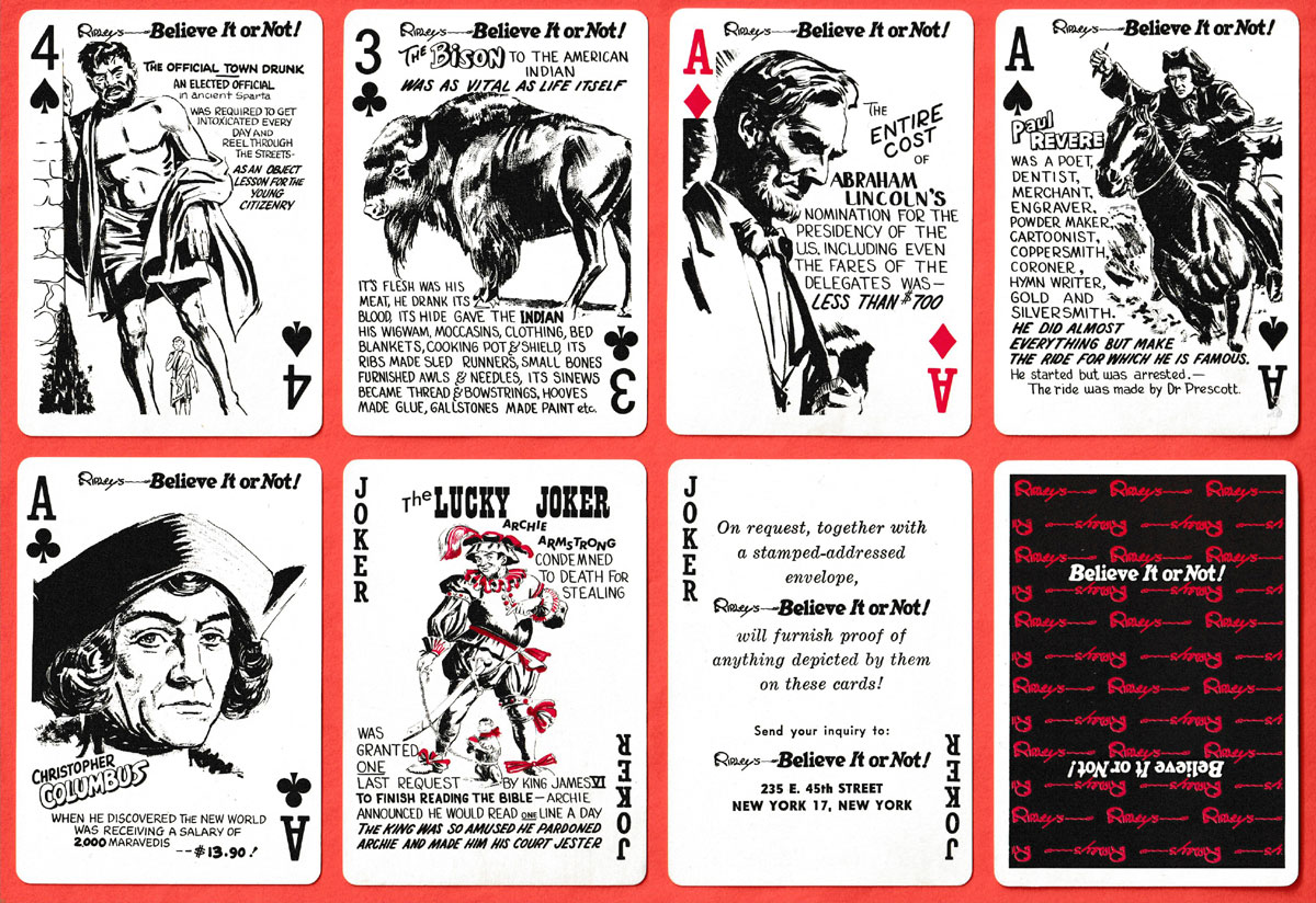 Ripley’s Believe It or Not! playing cards designed and manufactured by Stancraft Products, Minneapolis, MN, USA, c1970