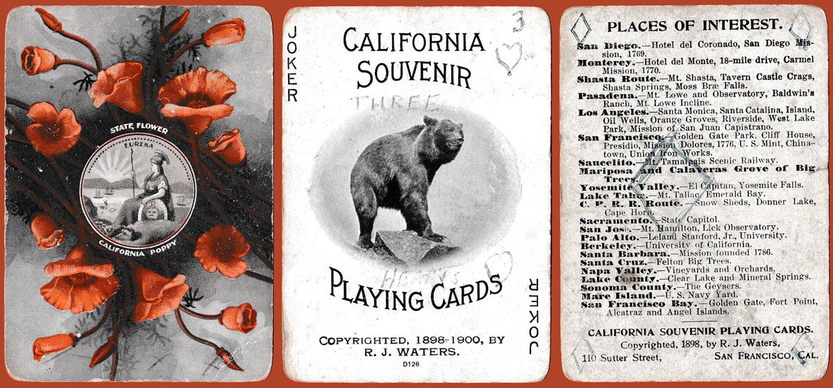 California souvenir playing cards published by R.J. Waters in 1898