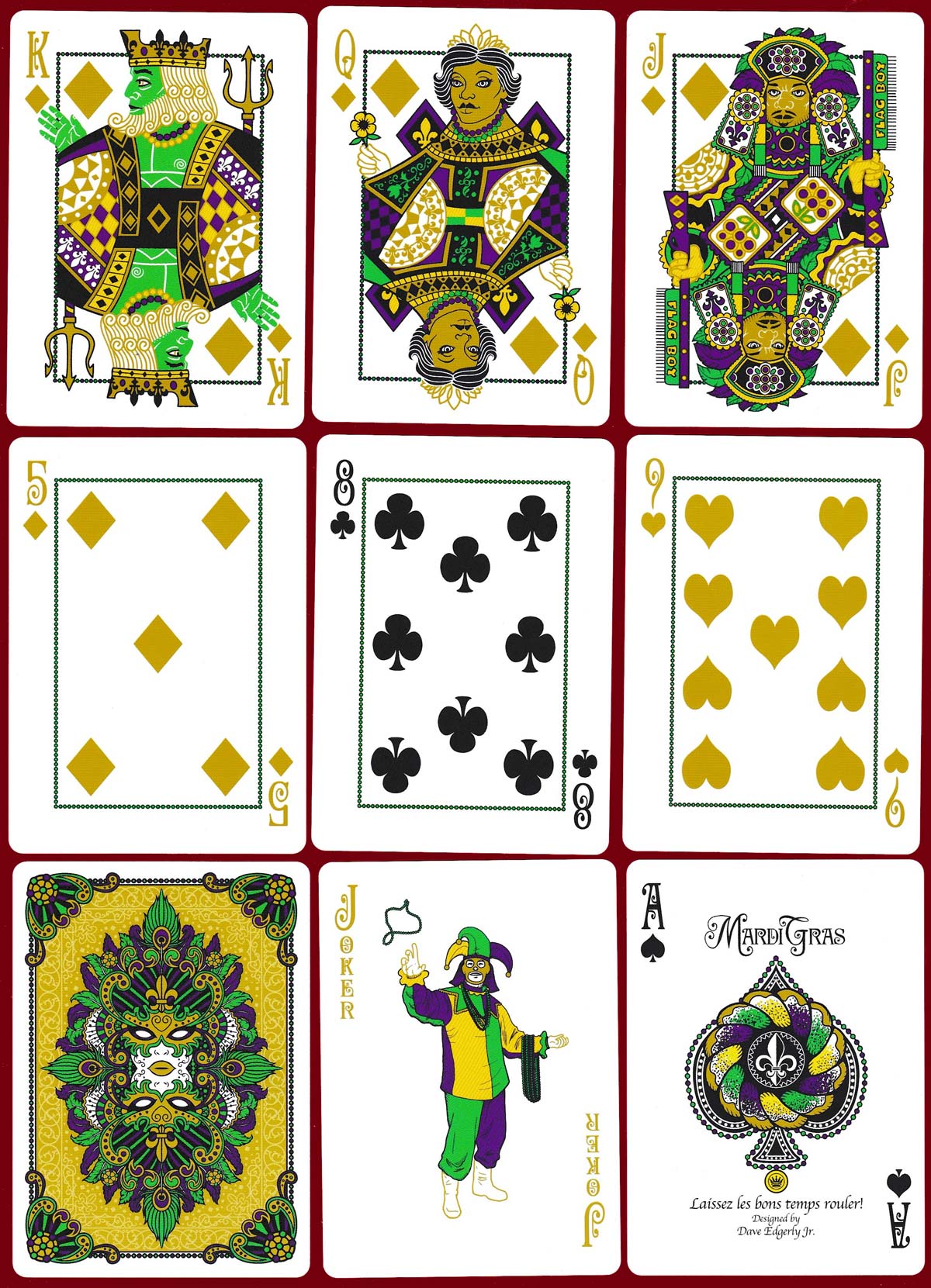 Mardi Gras playing cards illustrated by Dave Edgerly and printed by the Expert Playing Card Company (EPCC) in Taiwan, 2015