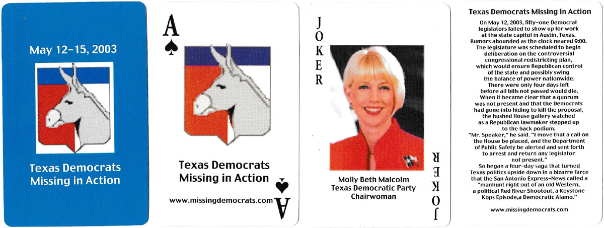 Texas Democrats Missing in Action playing cards published by Bernsen Consulting, Austin, Texas and printed by Liberty, 2003