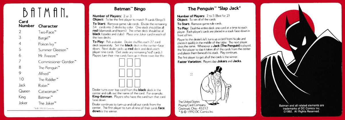 Batman® playing cards printed and published by USPC Co., Cincinnati, OH, USA, 1992