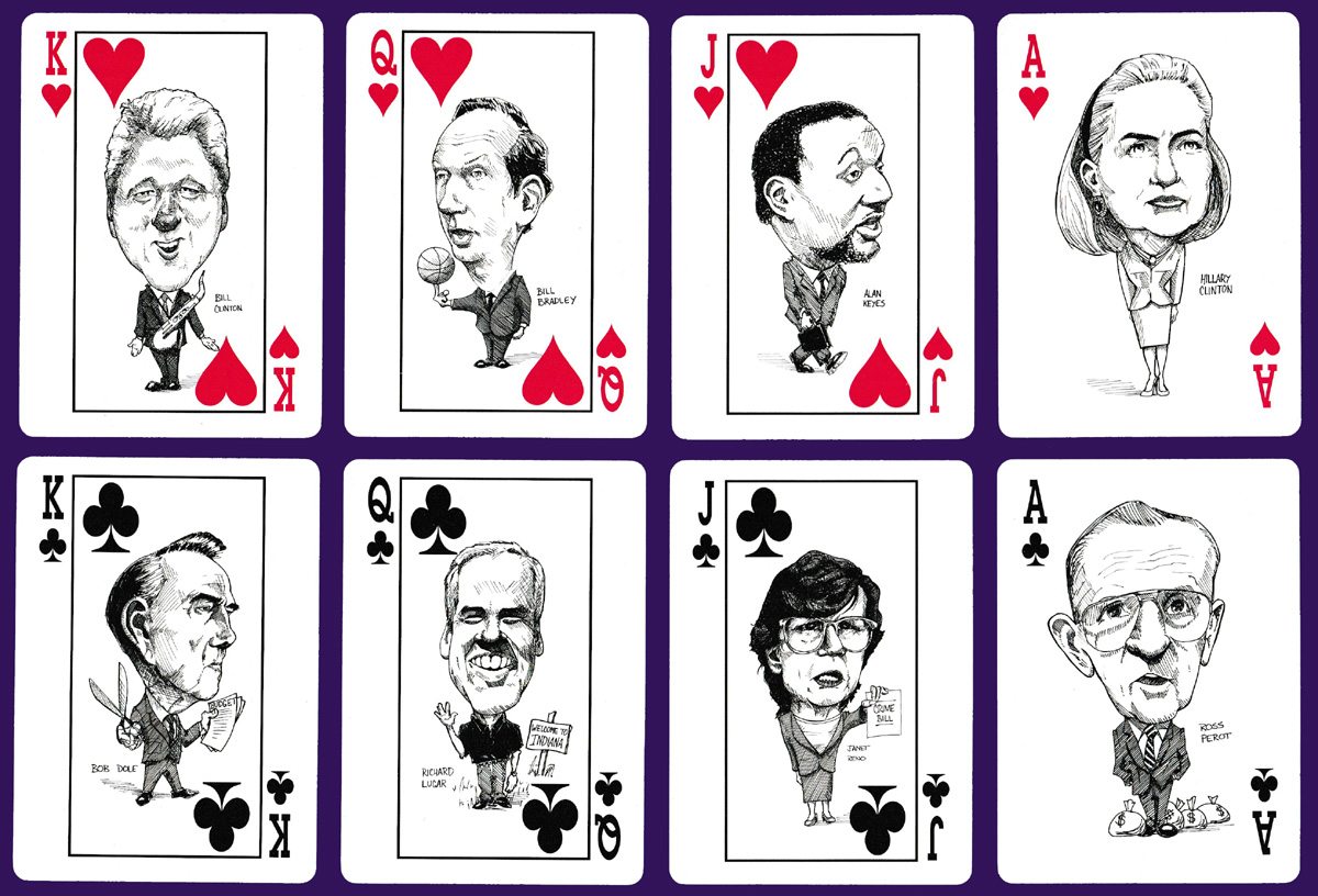 Political Players playing cards made by USPC Co. for Gelco Products, Inc., Northbrook, IL, USA, c1996