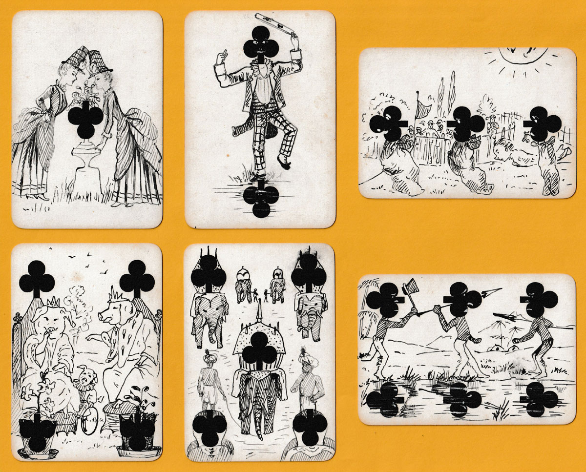 Hand-drawn transformation cards on a pack by De la Rue & Co., c1875