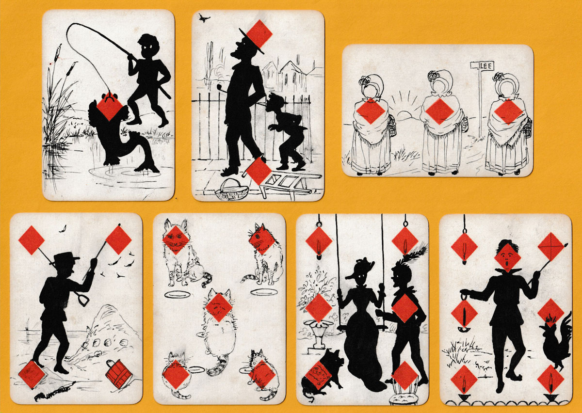 Hand-drawn transformation cards on a pack by De la Rue & Co., c1875