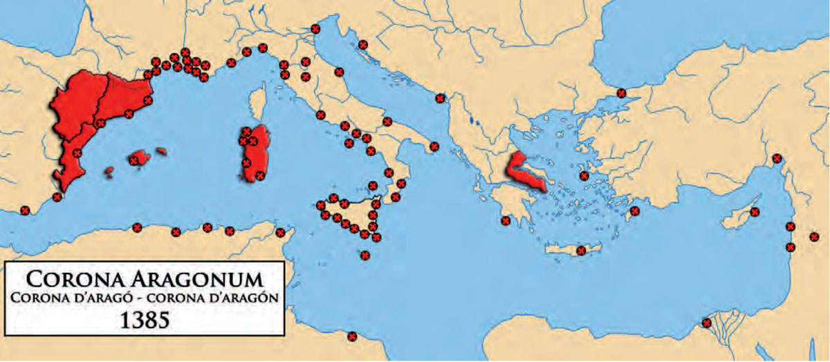 map of the Catalan consulates and domains in the Crown of Aragon in 1385