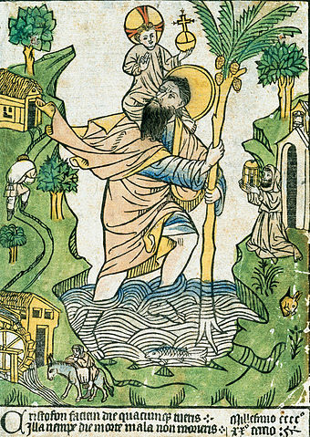 The legend of Saint Christopher carrying the Christ child across the river, with the Christian hermit holding a lantern. This is one of the earliest dated woodcut prints